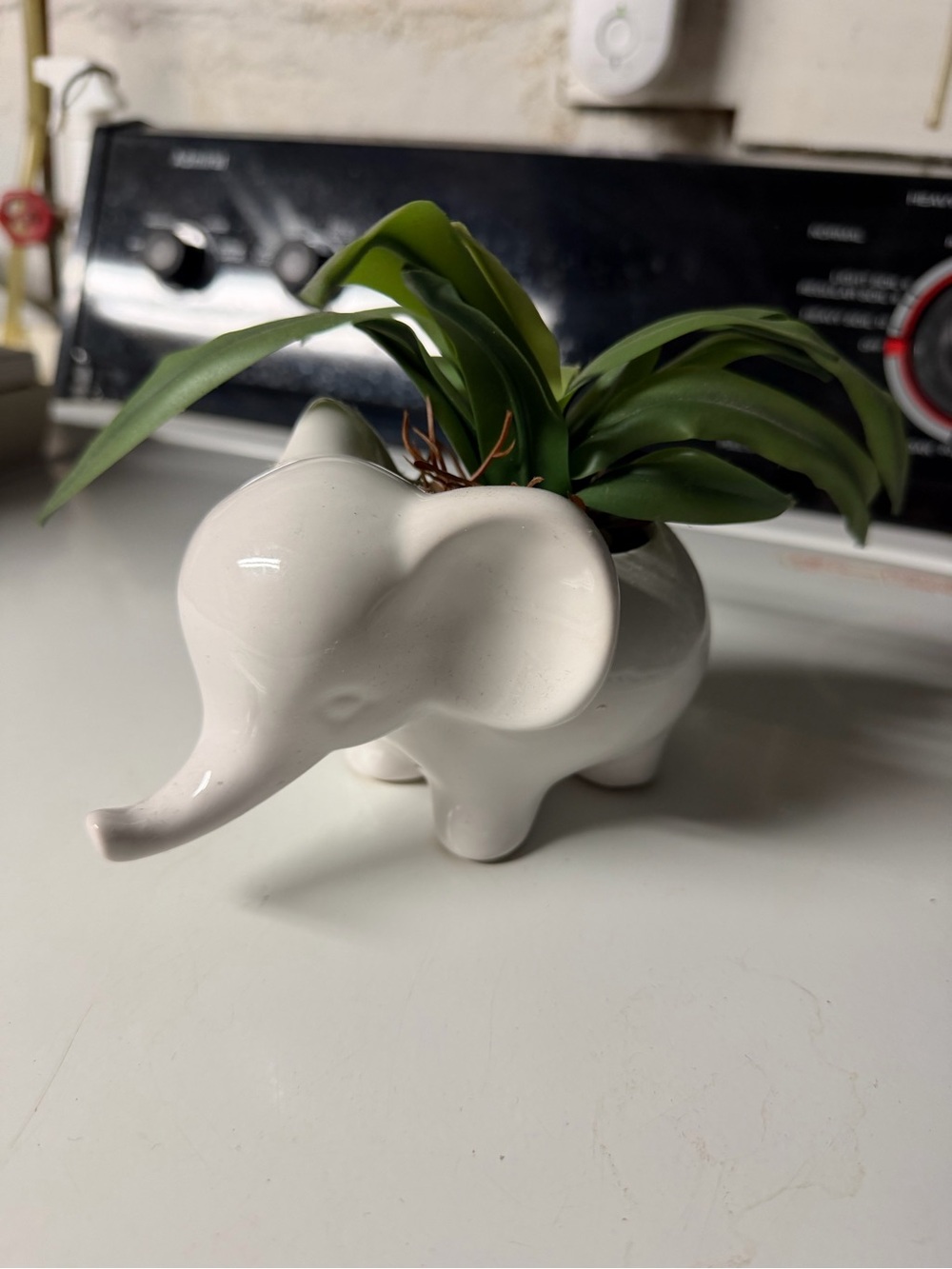 White Ceramic Elephant Planter with Faux Green Plant